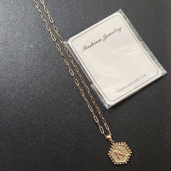 Fashion Jewelry Jewelry - Fashion Jewelry - Gold tone "N" Necklace 8.5in. Chain.